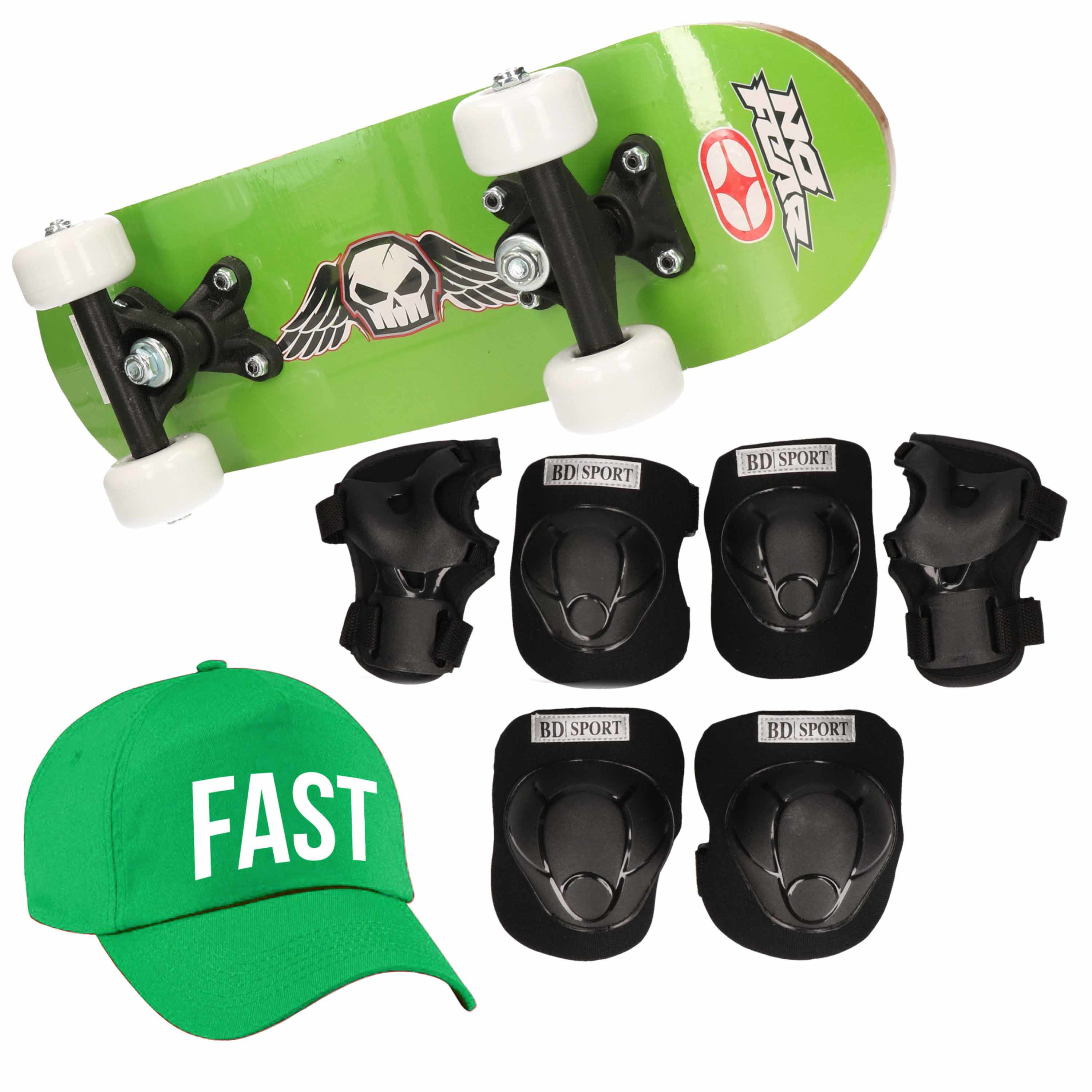 Skateboard set voor kinderen L 9-10 jaar/valbescherming/fast pet/skateboard met print 43 cm groen
