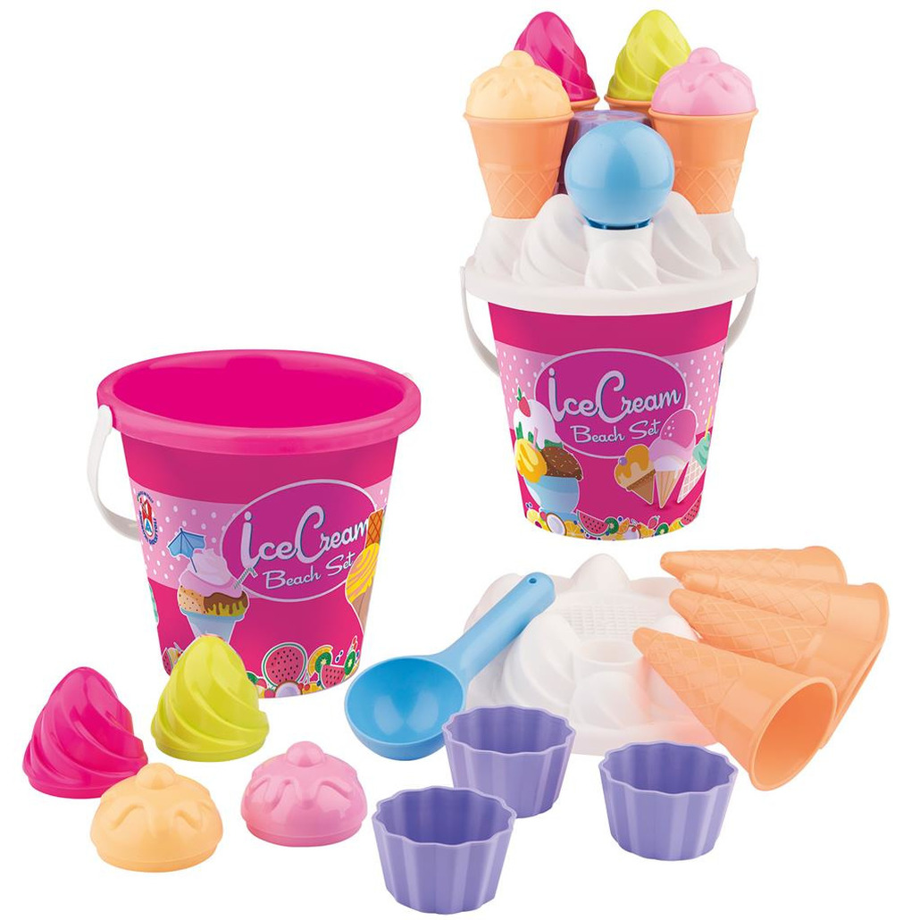 Strand/zandbak speelgoed roze emmer met vormpjes en ijsvormpjes